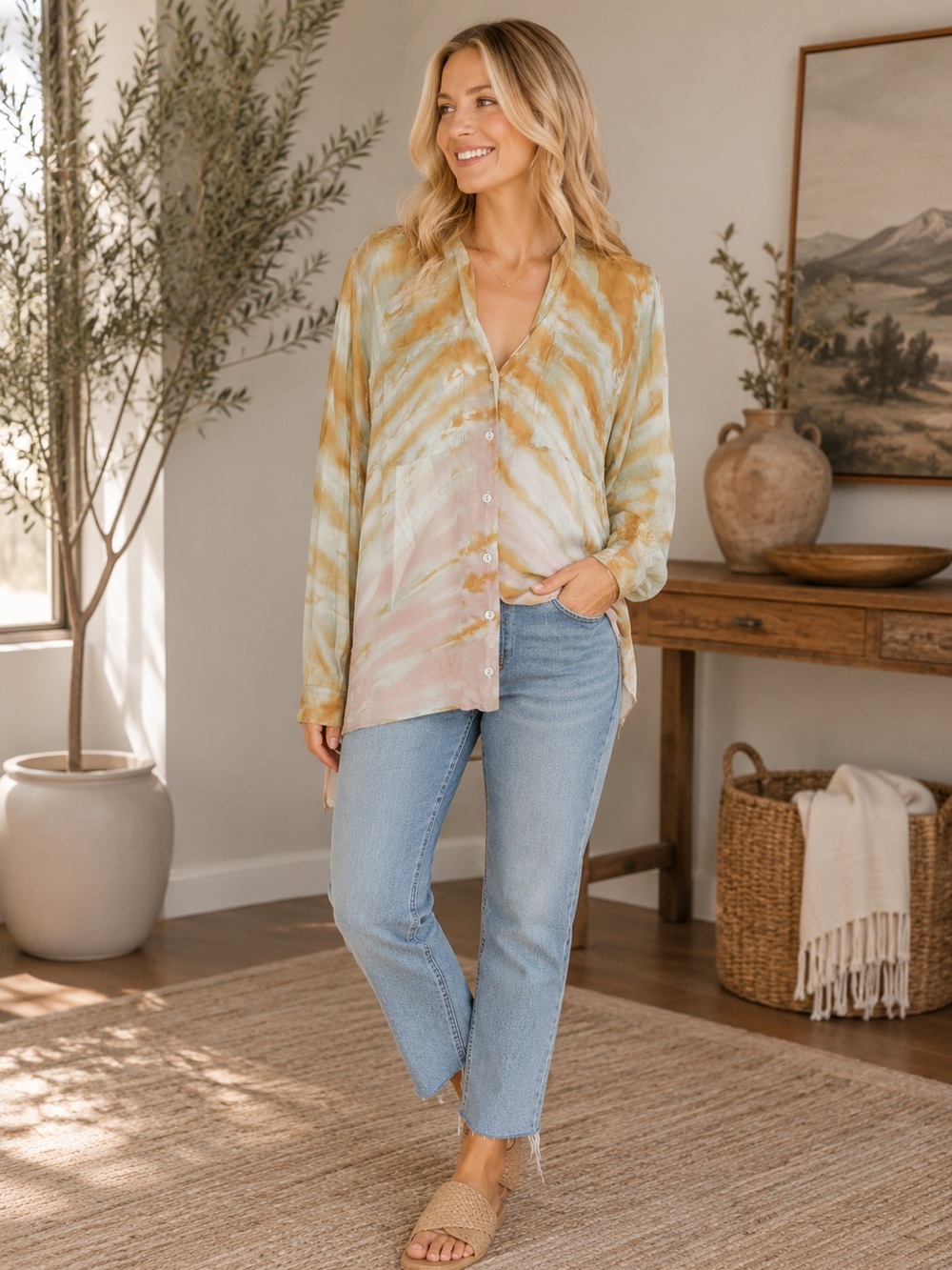 Young Fabulous & Broke Button-Front Tie-Dye Blouse 🌼 ☮️